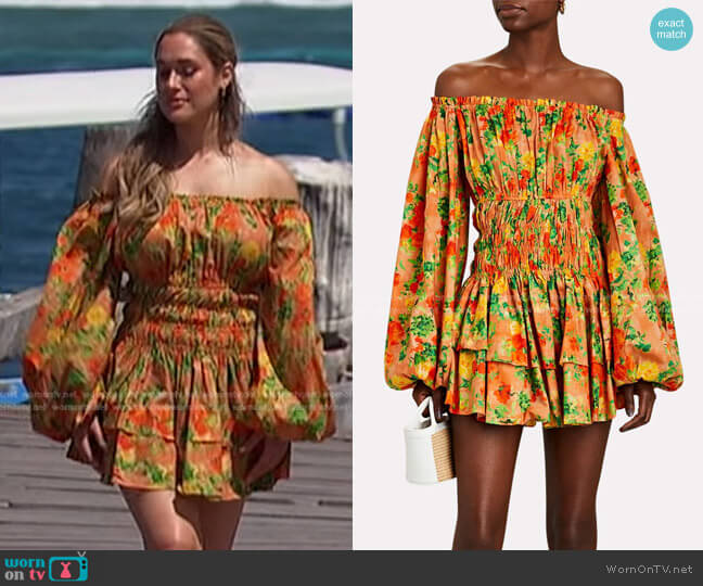 Caroline Constas Sage Off-The-Shoulder Floral Mini Dress worn by Rachel Recchia on The Bachelorette