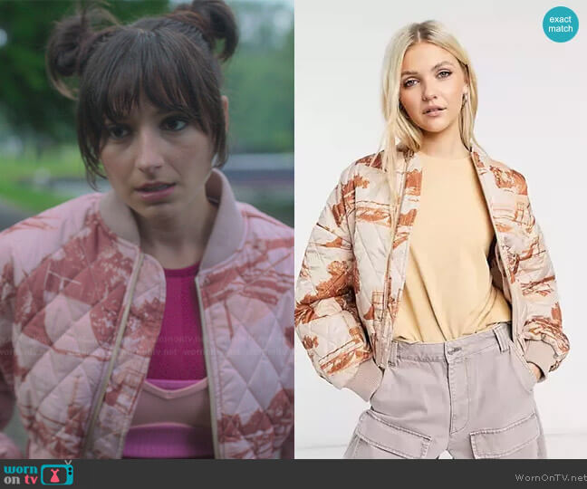 ASOS COLLUSION quilted bomber jacket with photographic print worn by Musa (Elisha Applebaum) on Fate The Winx Saga