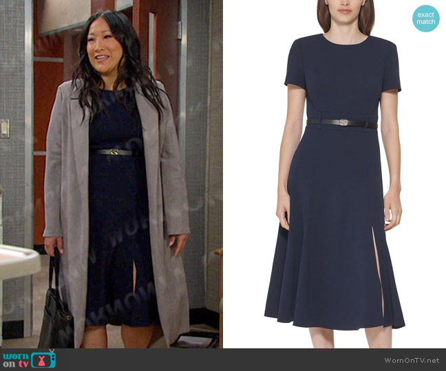 Calvin Klein Belted A line Midi Dress in Indigo worn by Melinda Trask (Tina Huang) on Days of our Lives