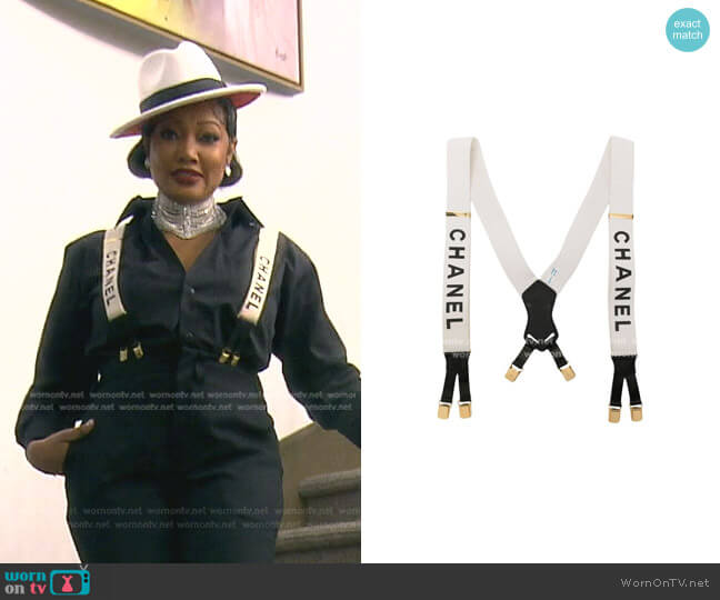 Chanel White x Black CC Logo Suspenders worn by Garcelle Beauvais on The Real Housewives of Beverly Hills
