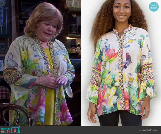 Citron Botanical Butterfly Blouse worn by Nancy Wesley (Patrika Darbo) on Days of our Lives