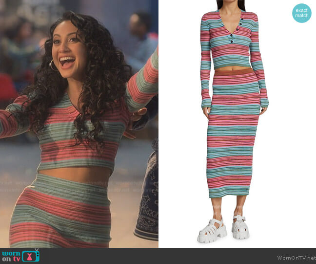Derek Lam 10 Crosby Milana Ribbed Stripe Cropped Top worn by Ana Torres (Francia Raisa) on Grown-ish