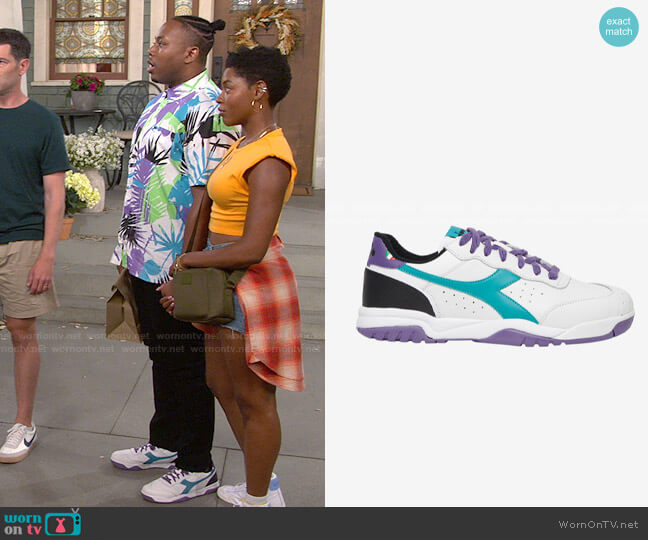 Diadora Maverick Sneaker in White/Imperial Palace/Viridian worn by Marty (Marcel Spears) on The Neighborhood