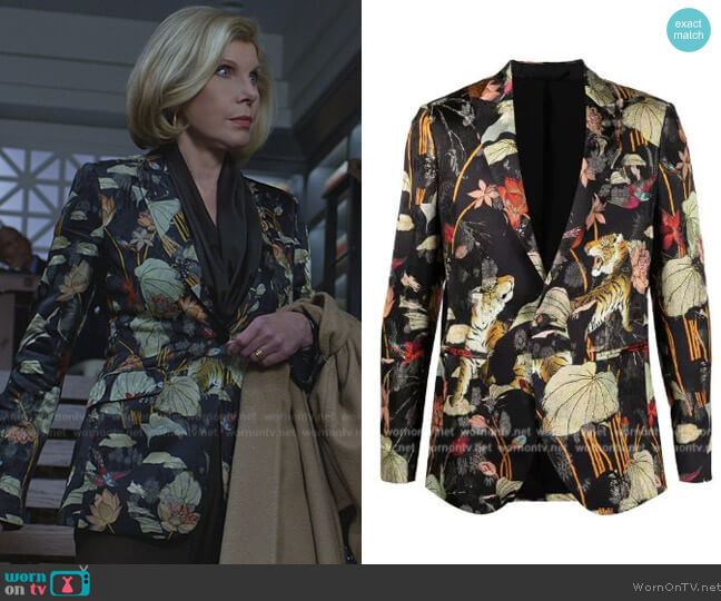 Etro Floral Tiger Silk Blazer worn by Diane Lockhart (Christine Baranski) on The Good Fight