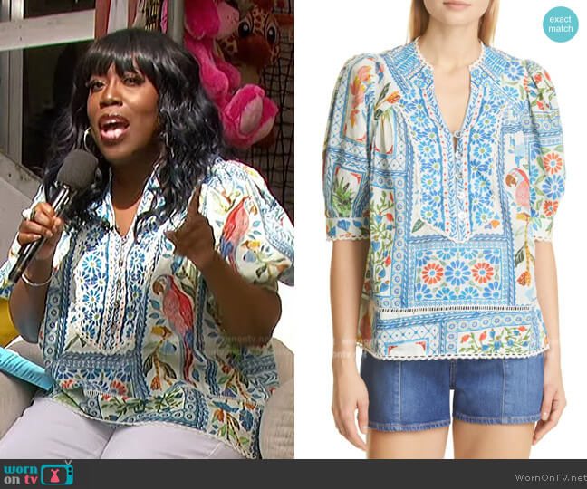 Farm Rio Tropical Tiles Blouse worn by Sheryl Underwood on The Talk