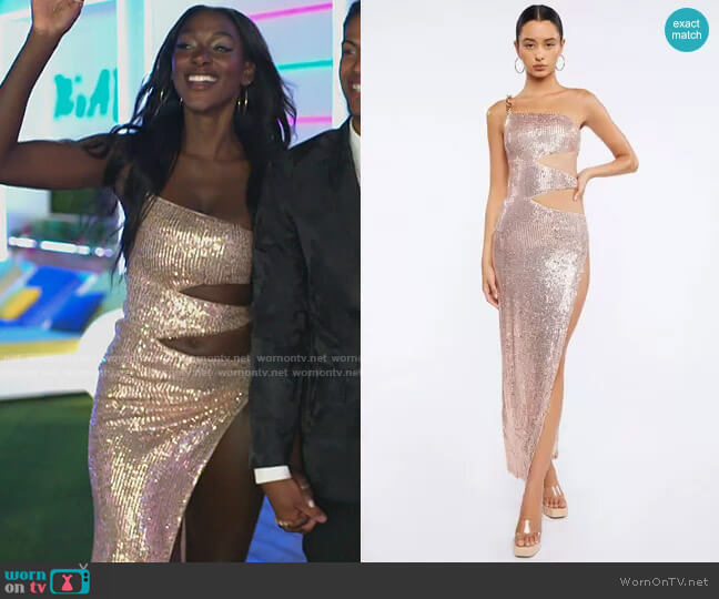Forever 21 Sequin Cutout One-Shoulder Gown in Blush worn by Zeta Morrison on Love Island USA