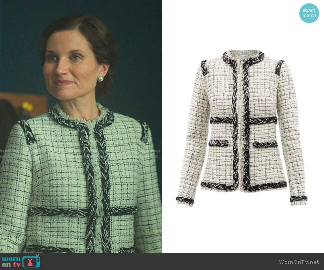 Giambattista Valli Braided-Trim Checked Boucle Jacket worn by Queen Luna (Kate Fleetwood) on Fate The Winx Saga