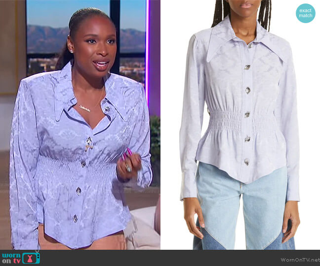 Ganni Floral Jacquard Smocked Waist Shirt worn by Jennifer Hudson on The Jennifer Hudson Show