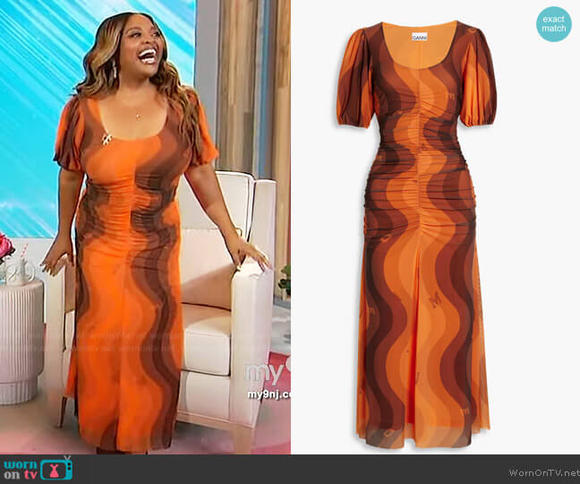 Ganni Ruched printed stretch-mesh midi dress worn by Sherri Shepherd on Sherri