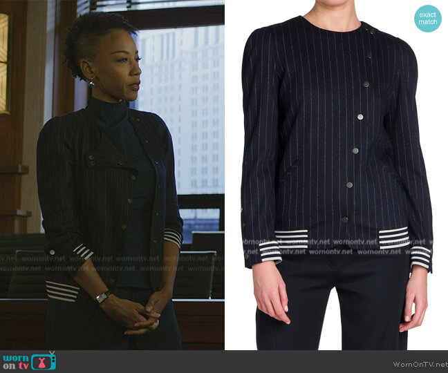 Giorgio Armani Pinstripe Jersey Jacket worn by Carmen Moyo (Charmaine Bingwa) on The Good Fight