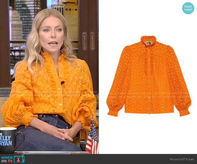 Gucci x The North Face Ruffled Lace Blouse worn by Kelly Ripa on Live with Kelly and Mark