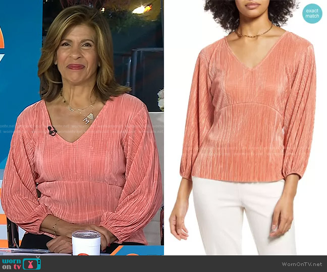 Halogen Plissé Balloon Sleeve Top in Coral Apple worn by Hoda Kotb on Today