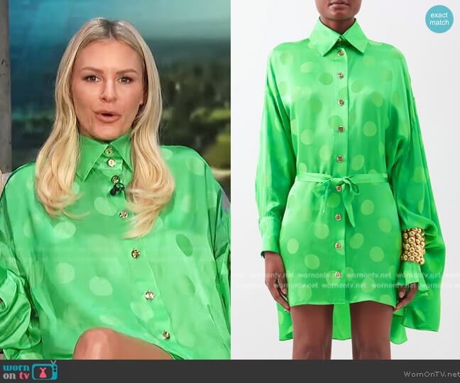 Halpern Polka-dot satin mini shirt dress worn by Morgan Stewart on E! News