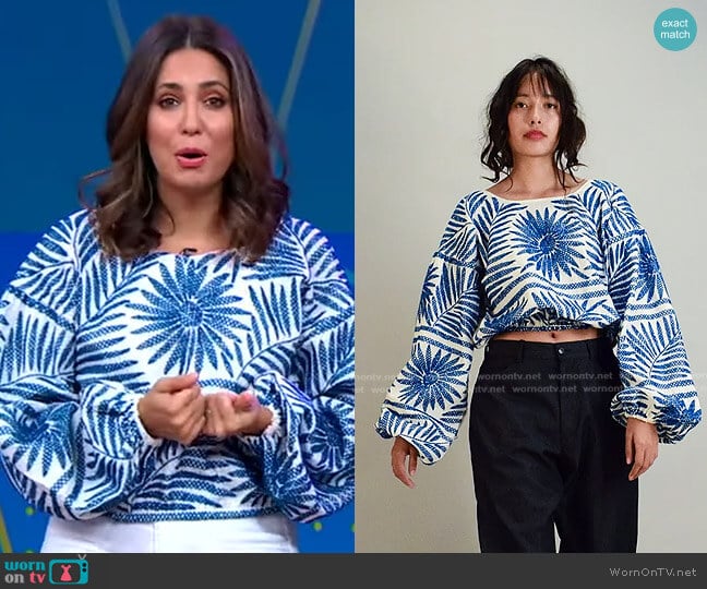The Vintage Jesus Hand Embroidered Mexican Ballon Sleeve Blouse worn by Cecilia Vega on Good Morning America