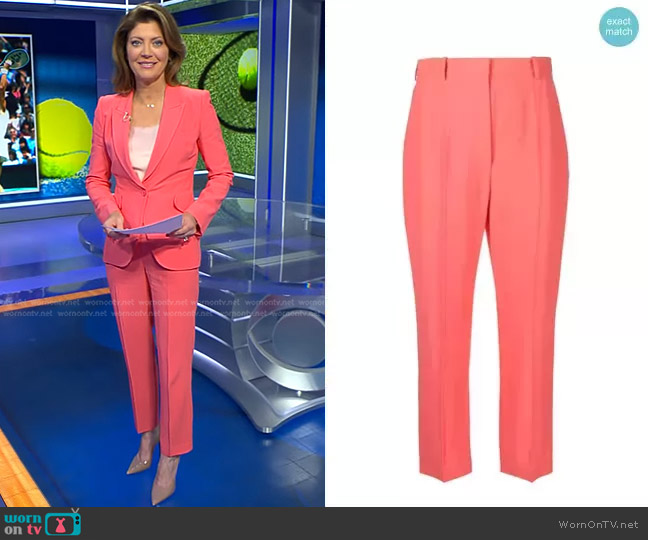 Alexander McQueen High-Waisted Tailored Trousers in Coral worn by Norah O'Donnell on CBS Evening News