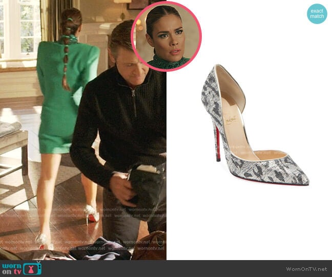 Christian Louboutin Iriza Metallic Leopard Red Sole Pumps worn by Cristal Jennings (Daniella Alonso) on Dynasty