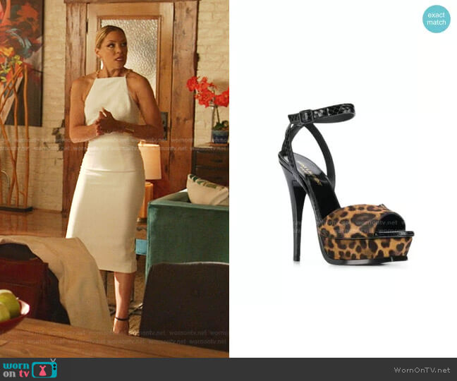 Saint Laurent Leopard Print Sandals worn by Dominique Deveraux (Michael Michele) on Dynasty