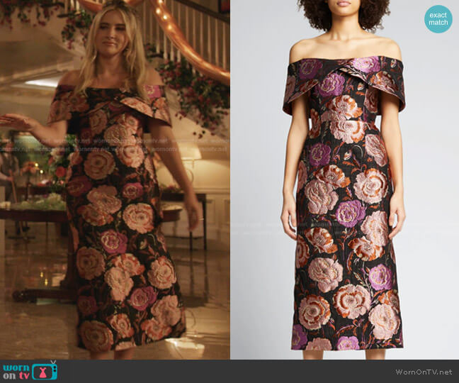Markarian Eveline Foldover Off-the-Shoulder Floral Brocade Midi Dress worn by Amanda Carrington (Eliza Bennett) on Dynasty