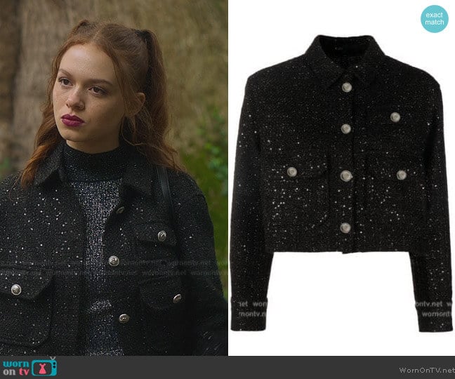 Maje Sequinned Tweed Jacket worn by Beatrix (Sadie Soverall) on Fate The Winx Saga
