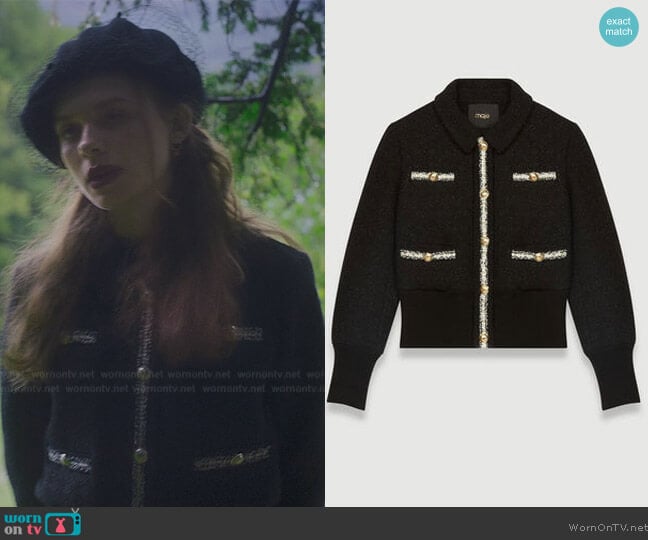 Maje Tweed Contrast-Trim Jacket worn by Beatrix (Sadie Soverall) on Fate The Winx Saga