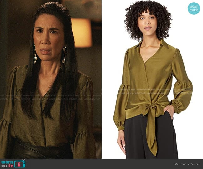 Michael Kors Hammered Stain Wrap Top worn by Ellen (Grace Junot) on Dynasty
