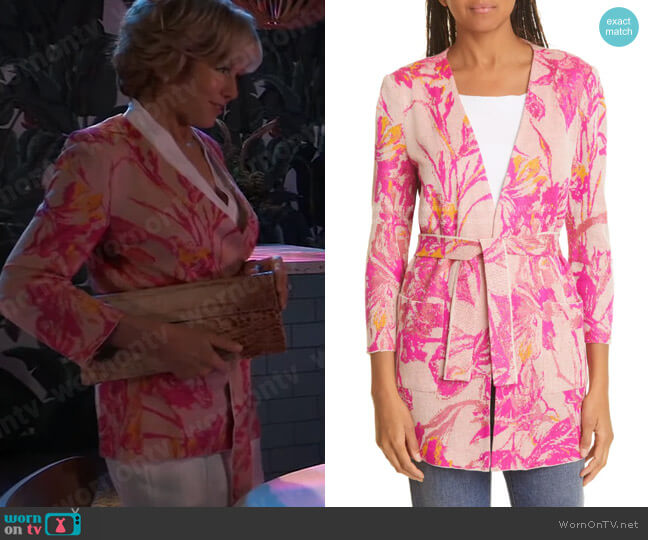 Misook Tropical Floral Jacquard Belted Cardigan worn by Peyton Honeycutt (Linda Purl) on General Hospital