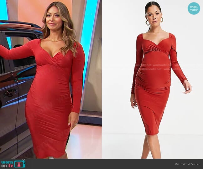 Missguided Maternity slinky wrap midi dress in burgundy worn by Manuela Arbeláez on The Price is Right