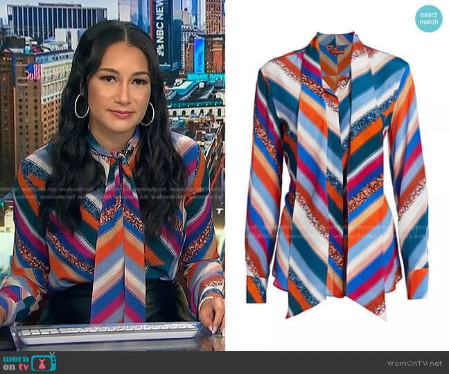Altuzarra Newberry Sequin Stripe Silk Tieneck Top worn by Morgan Radford on NBC News Daily