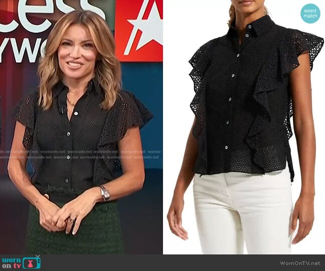 Theory Nova Flutter Sleeve Eyelet Cotton Blouse worn by Kit Hoover on Access Hollywood