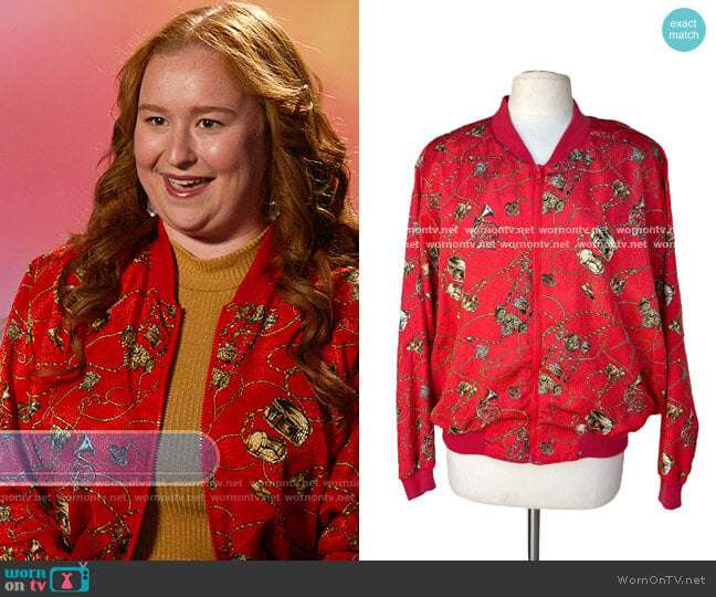 Papell Too Vintage French Horn Print Bomber Jacket worn by Ashlyn (Julia Lester) on High School Musical The Musical The Series