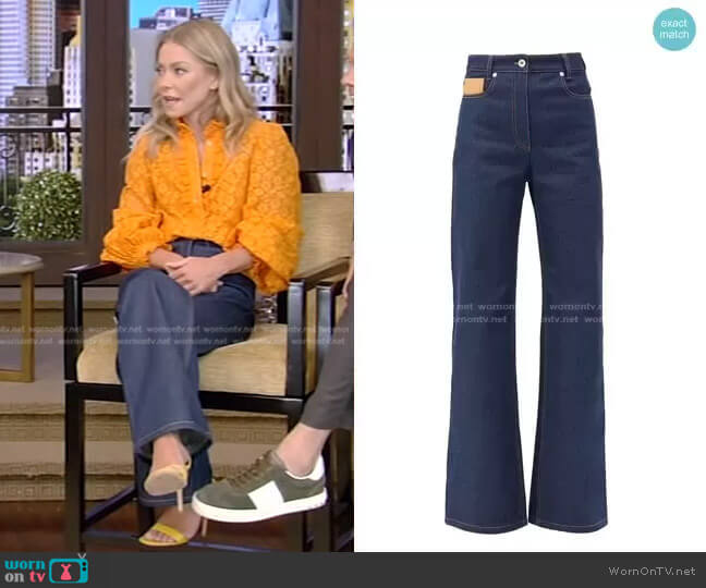 Paco Rabanne Leather-Patch High-Rise Flared Jeans worn by Kelly Ripa on Live with Kelly and Mark