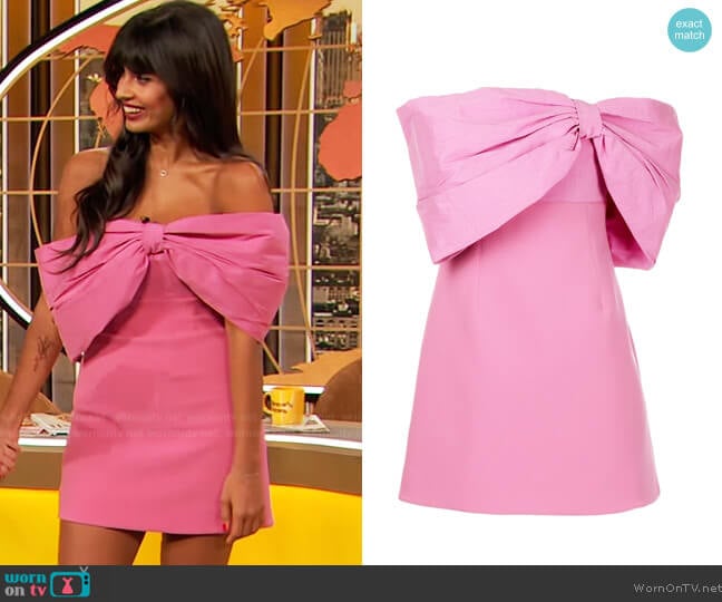 Rachel Gilbert Kace Draped Bow Mini Dress worn by Jameela Jamil on The Drew Barrymore Show