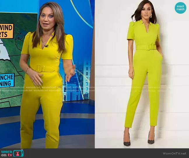 New York & Company Reyna Belted Jumpsuit - Eva Mendes Collection worn by Ginger Zee on Good Morning America