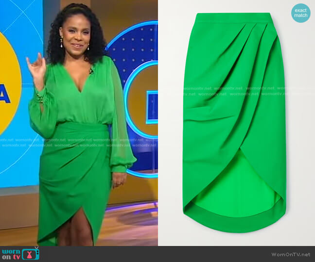 Sergio Hudson Draped Wrap-Effect Midi Skirt worn by Sanaa Lathan on Good Morning America