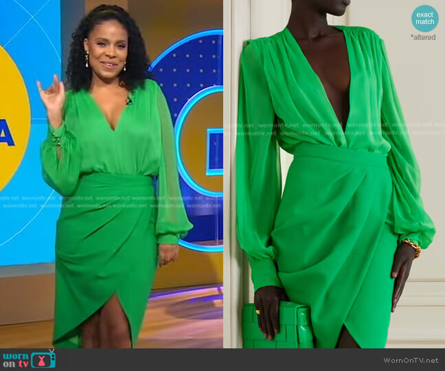 Sergio Hudson Gathered Silk-Chiffon and Mesh Bodysuit worn by Sanaa Lathan on Good Morning America