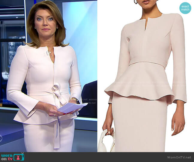 Scanlan Theodore Belted Crepe Knit Peplum Jacket in Ice Pink worn by Norah O'Donnell on CBS Evening News