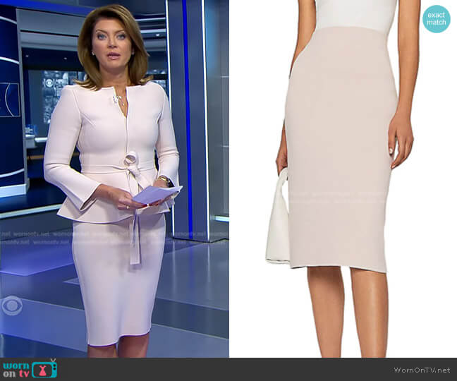 Scanlan Theodore Knit Crepe Pencil Skirt in Ice Pink worn by Norah O'Donnell on CBS Evening News