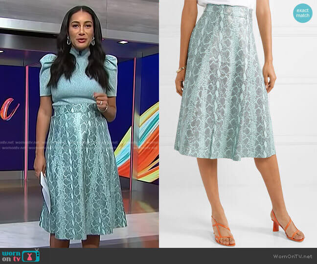 Alice + Olivia Sosie snake-print leather midi skirt worn by Morgan Radford on NBC News Daily