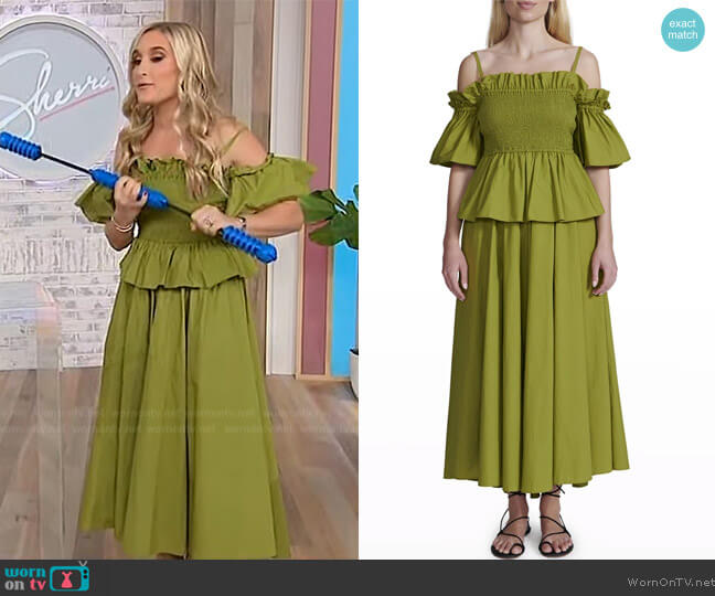 Toccin Smocked Ruffle Off-Shoulder Midi Dress worn by Brittney Levine on Sherri