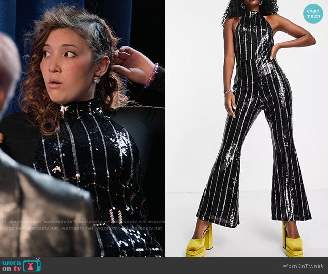 Topshop Stripe Sequin Jumpsuit in Black worn by Maddox (Saylor Bell) on High School Musical The Musical The Series