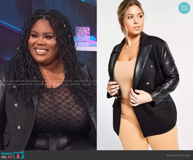 Nina Parker Trendy Plus Size Faux-Leather-Panel Blazer worn by Nina Parker on E! News