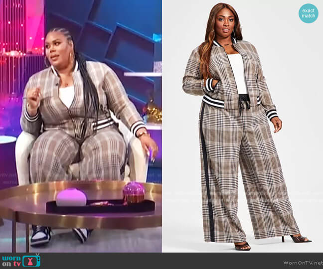 Nina Parker Trendy Plus Size Plaid Bomber Jacket worn by Nina Parker on E! News
