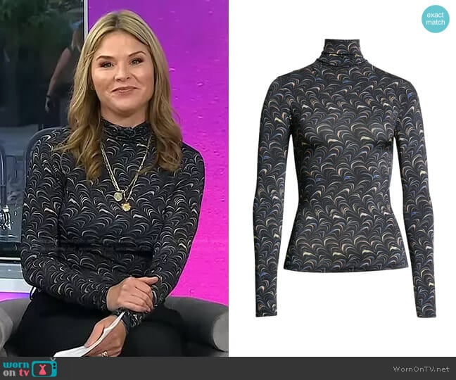 Ulla Johnson Aurelia Printed Tricot Turtleneck Top in Obsidian worn by Jenna Bush Hager on Today