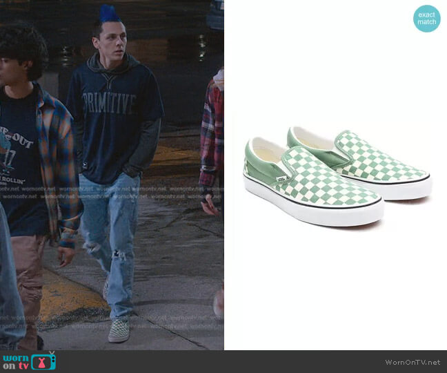 Vans Checkerboard Classic Slip-On Shoes worn by Eli Hawk Moskowitz (Jacob Bertrand) on Cobra Kai