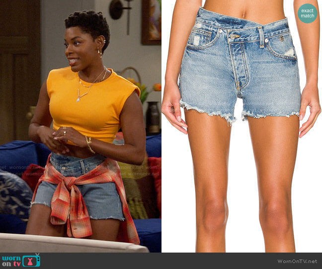 EB Denim Crossover Shorts worn by Necie (Chelsea Harris) on The Neighborhood