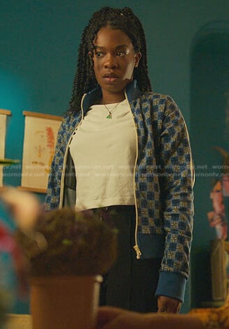 Aisha’s blue checked track jacket on Fate The Winx Saga