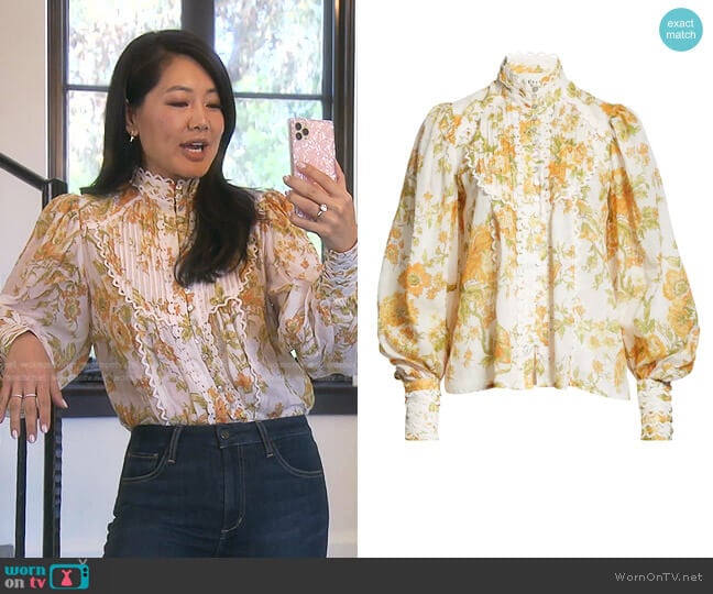 Alemais Songbird Print Balloon Sleeve Blouse worn by Crystal Kung Minkoff on The Real Housewives of Beverly Hills