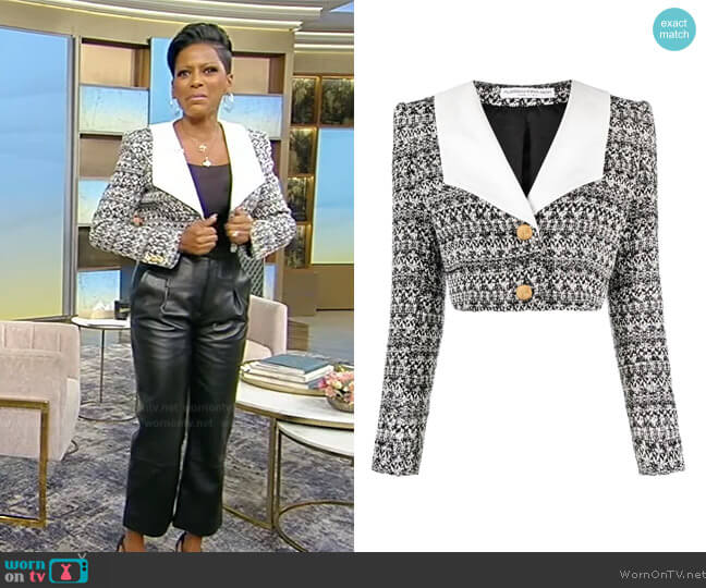 Alessandra Rich Cropped silk mikado-trimmed metallic wool-blend tweed jacket worn by Tamron Hall on Tamron Hall Show