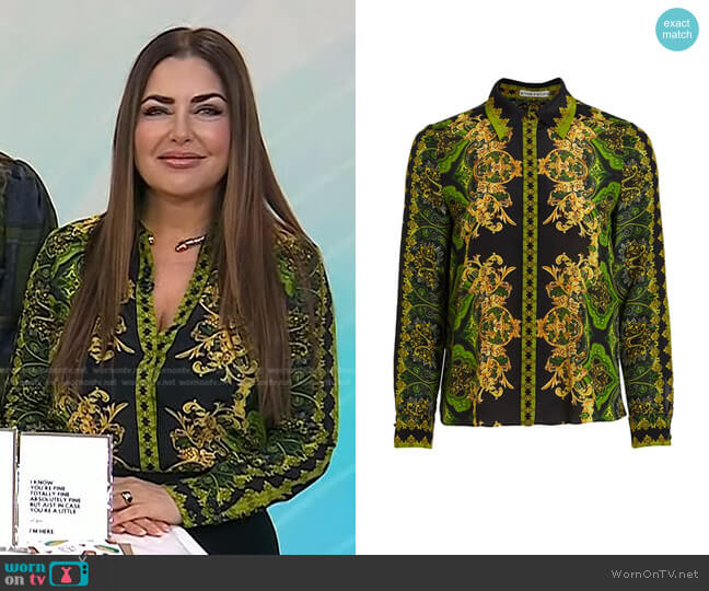 Alice + Olivia Willa Print Silk Shirt in Rendvs worn by Bobbie Thomas on Today