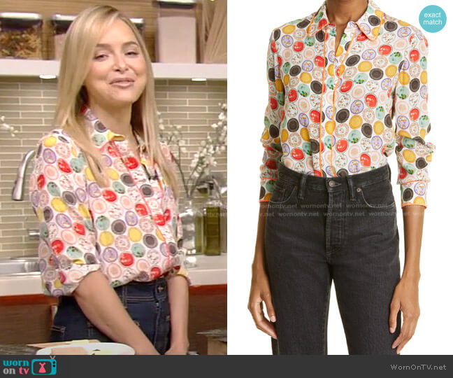 Alice + Olivia Willa Silk Button-Up Blouse in Dinner Party worn by Jenny Mollen on Live with Kelly and Mark